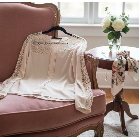 Zara Tops - Elegant Zara Lace Detail Blouse - Nude tone Size S